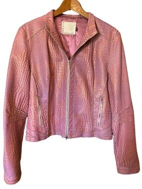 Nicola Berti Women’s Pink Italian Leather Moto Jacket Croc Embossed Size M